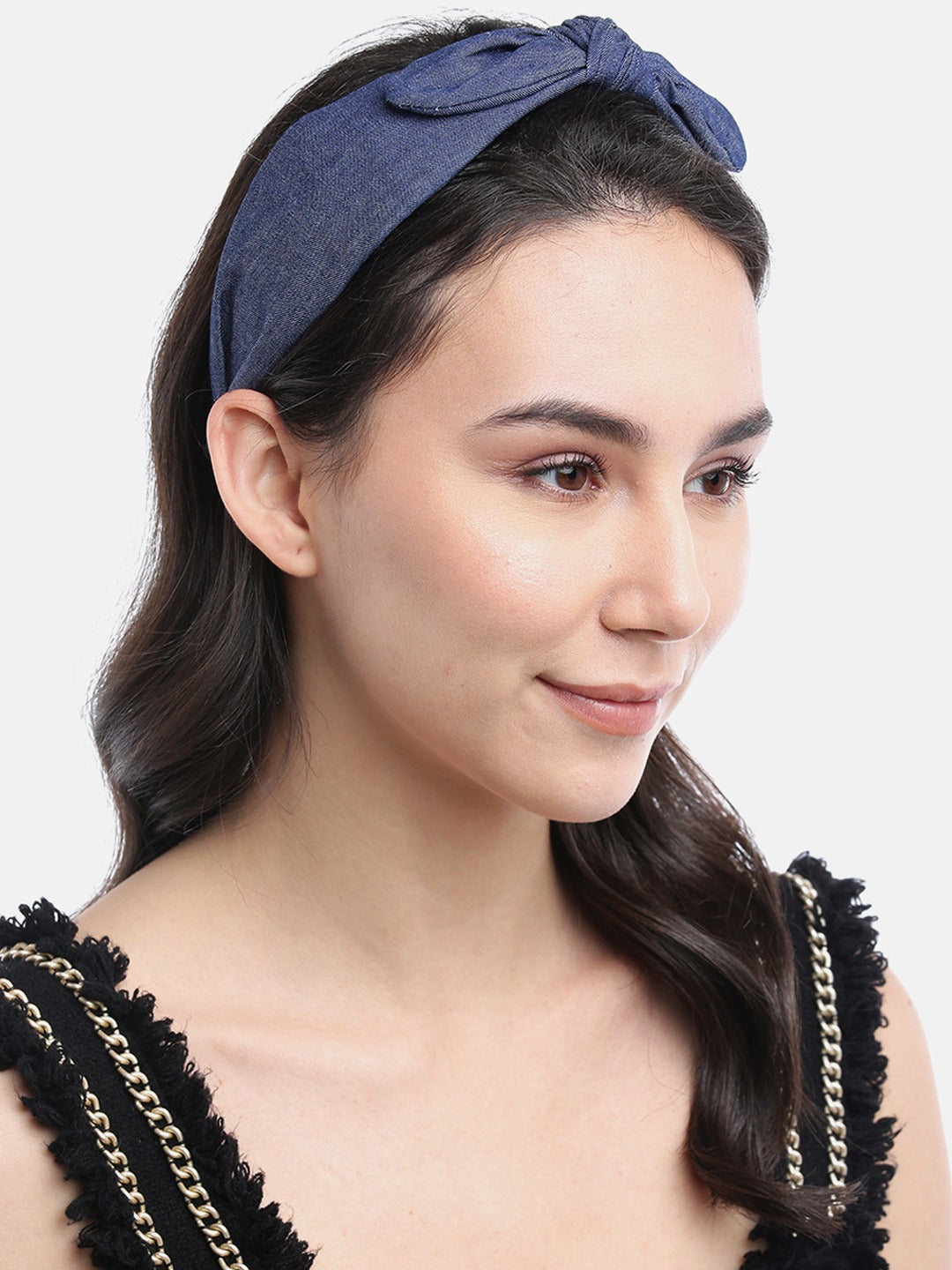 Blueberry Navy blue denim bunny knot hair band