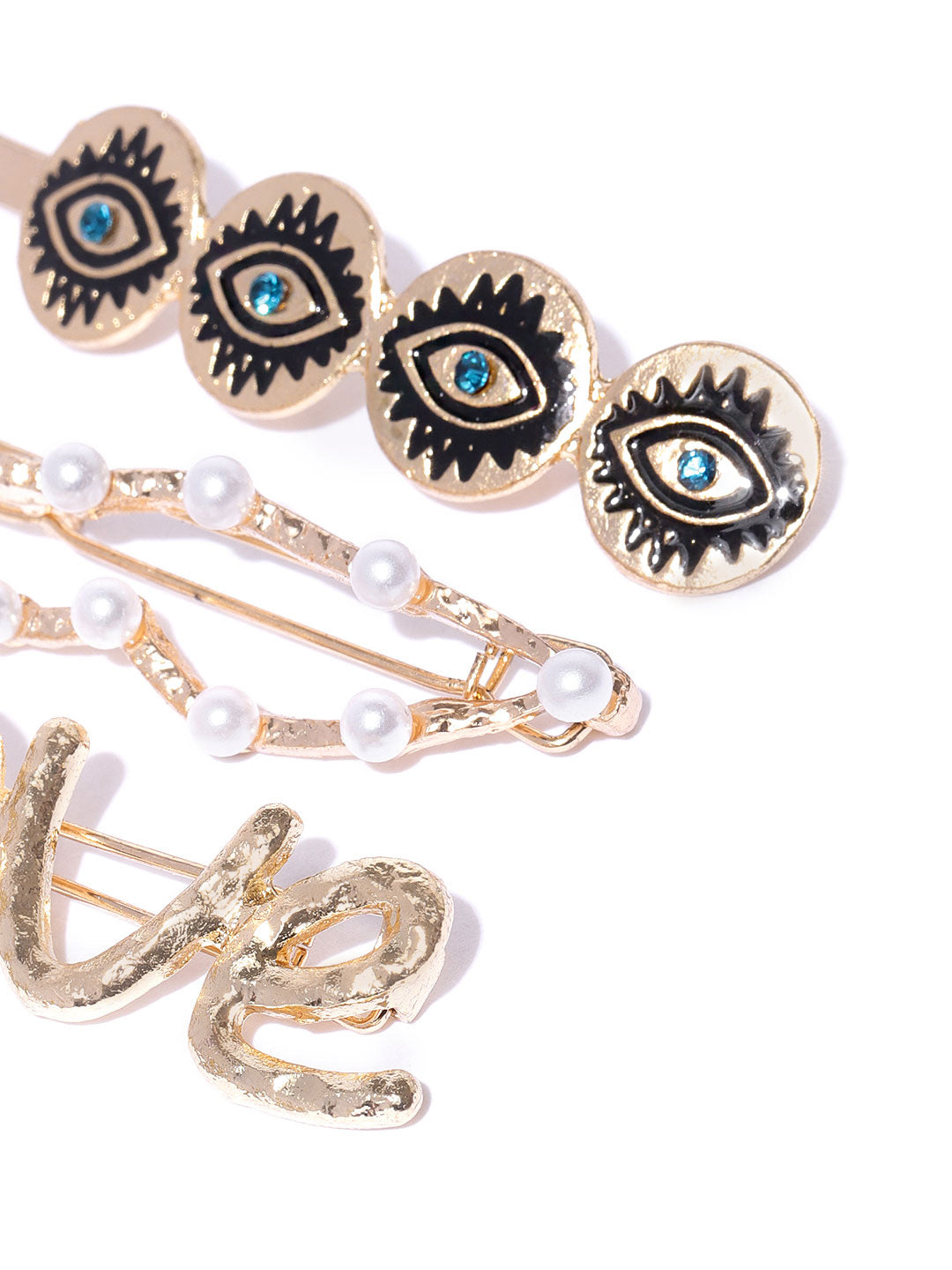 Blueberry set of 3 evil eye, love, pearl detailing bobby hair pins