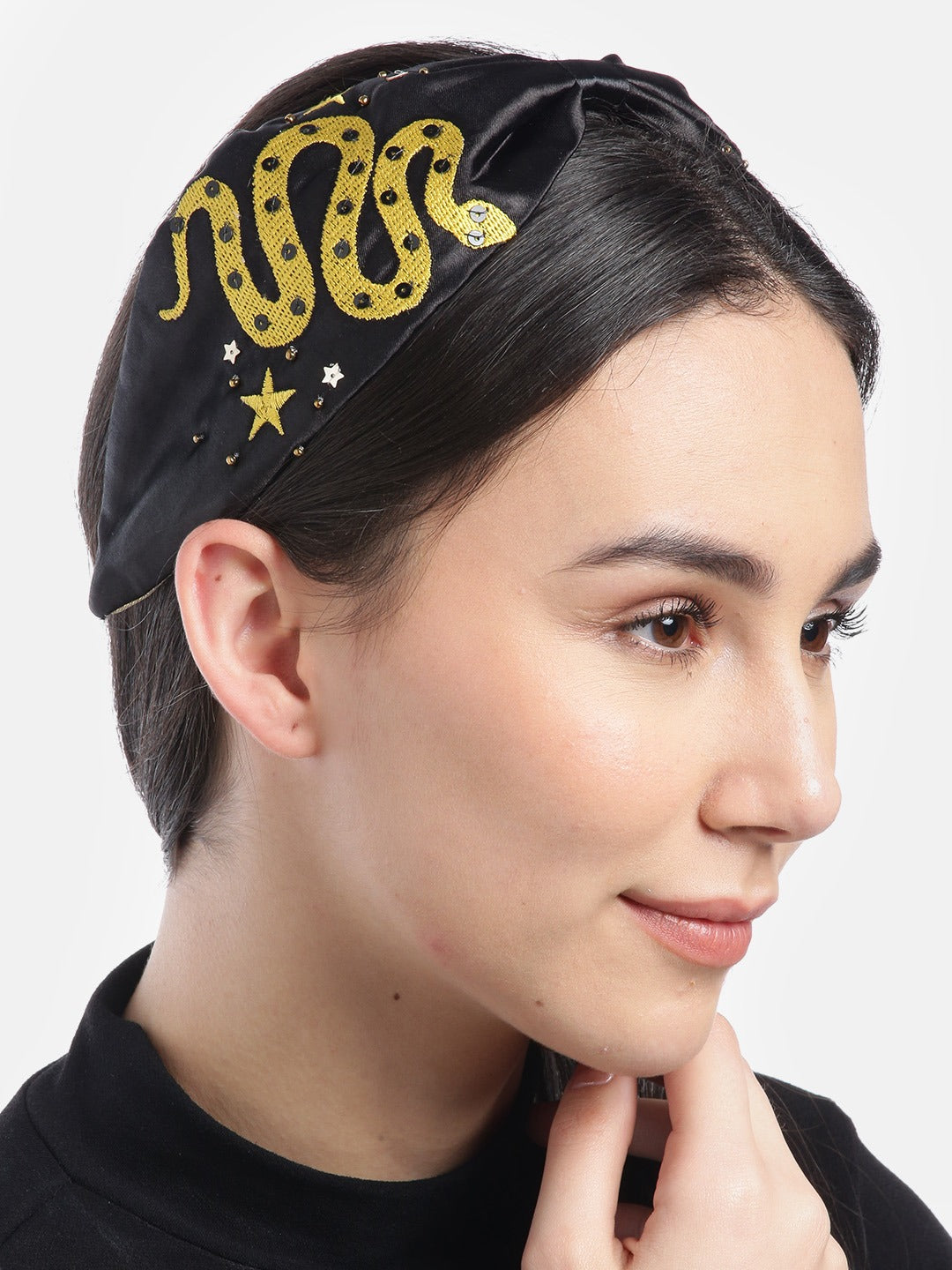 Blueberry black snake embroidery satin knot hair band