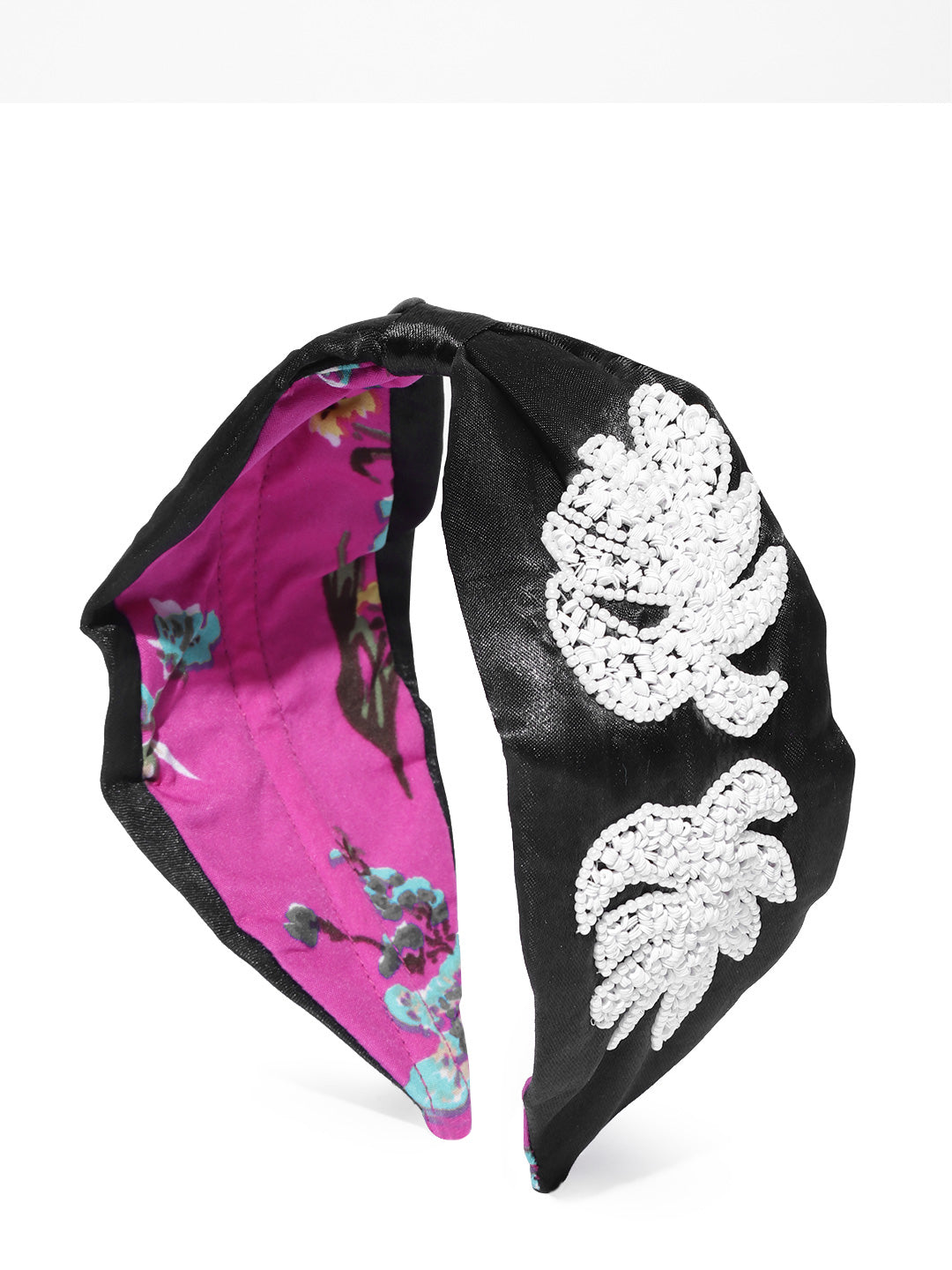 Blueberry white squins and beads embellished black satin knot hair band
