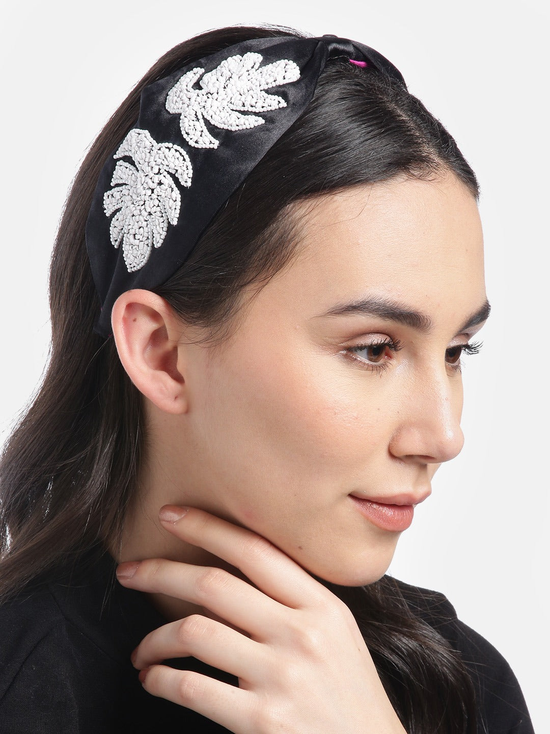 Blueberry white squins and beads embellished black satin knot hair band