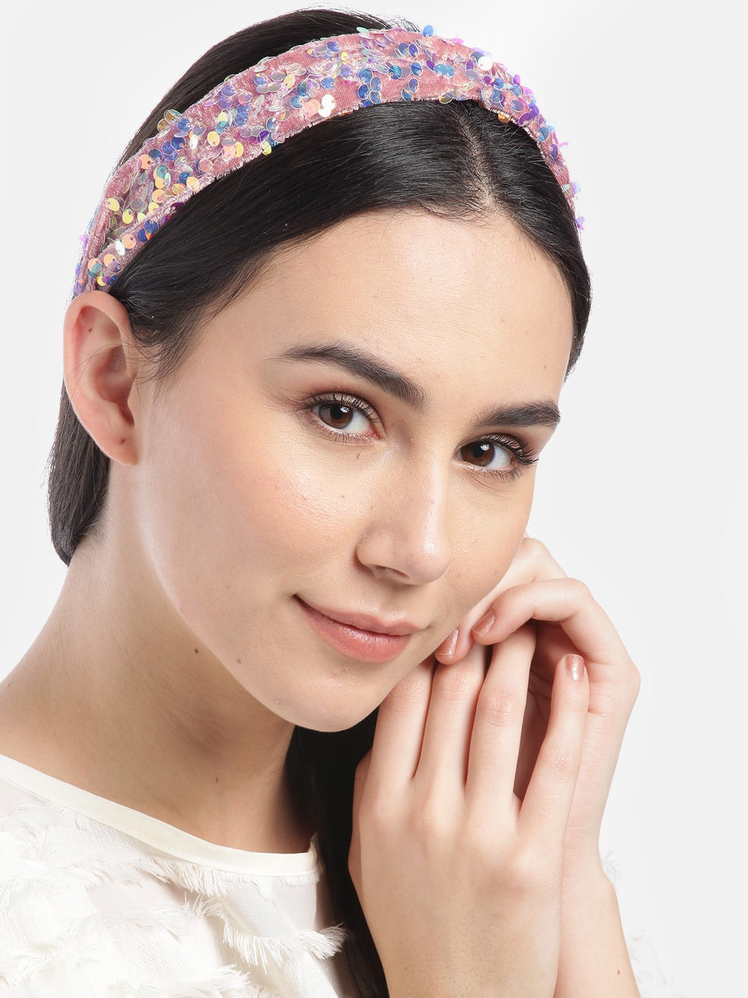 Blueberry multi sequin embellished pink velvet hair band