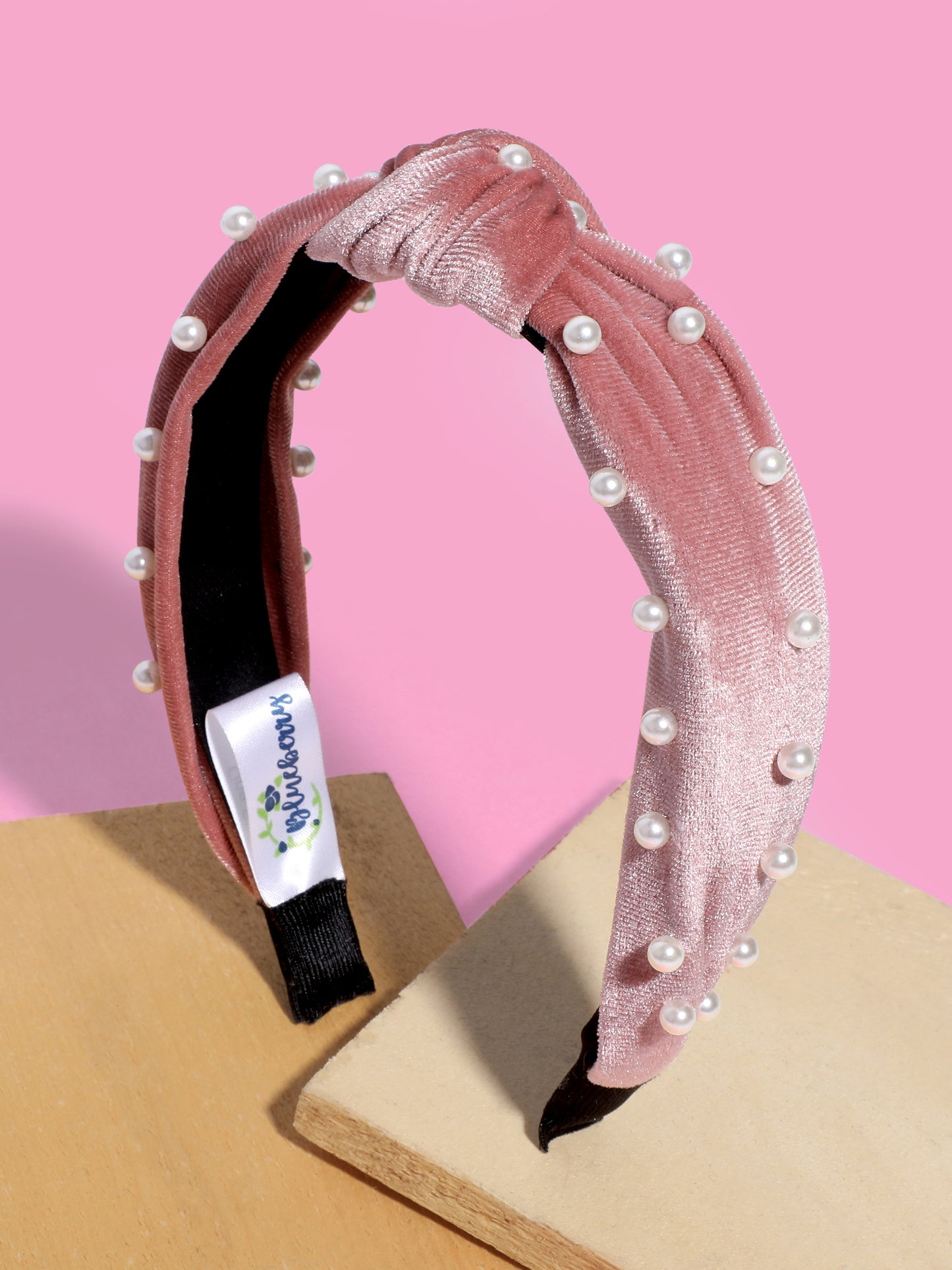Blueberry princess pearl embellished pink velvet knot hair band