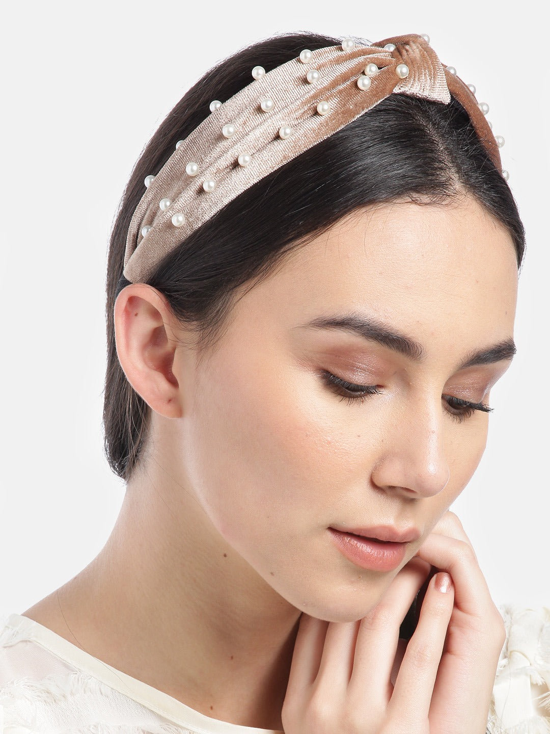 Blueberry princess pearl embellished brown velvet knot hair band