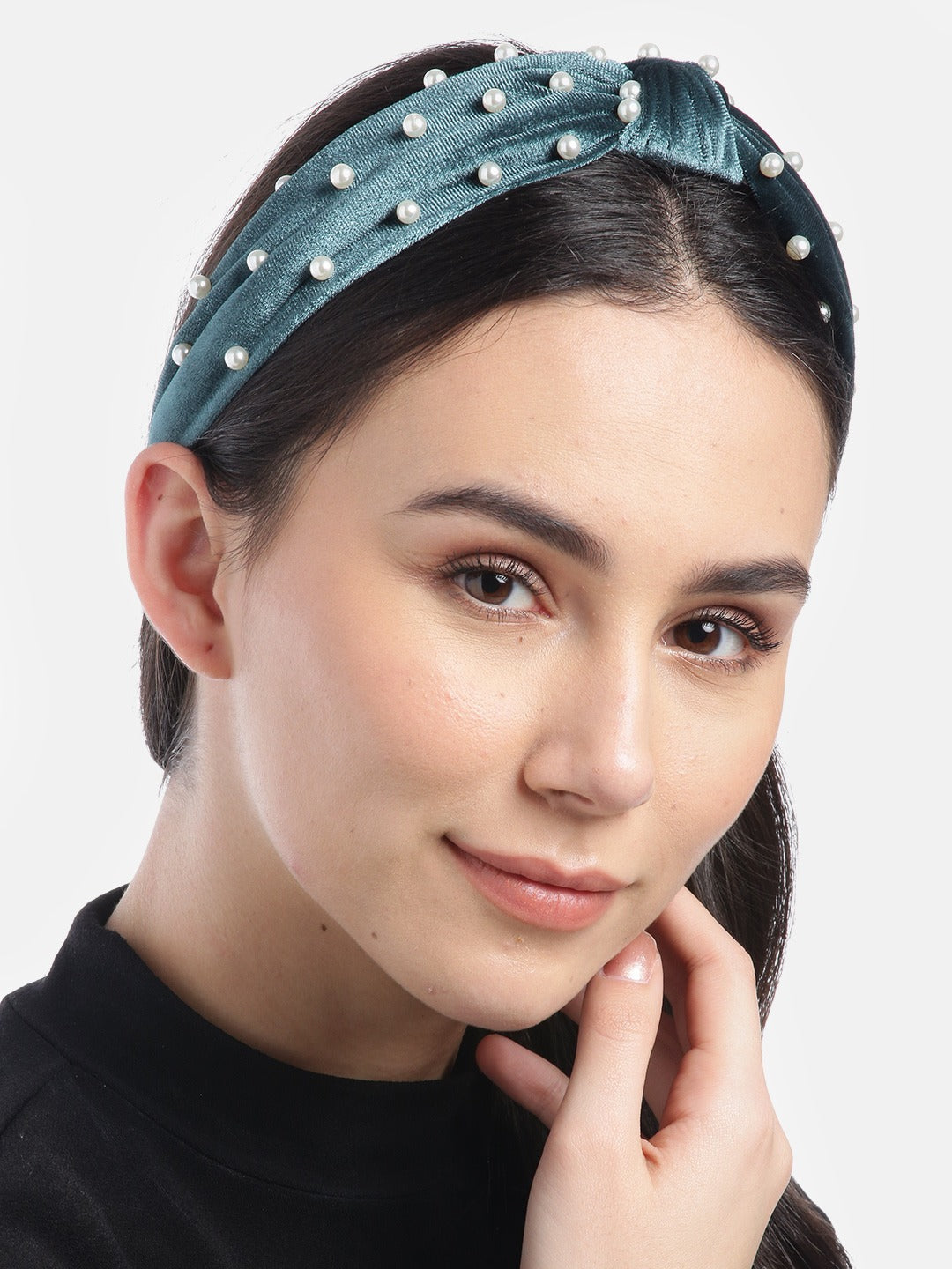 Blueberry princess pearl embellished blue velvet knot hair band