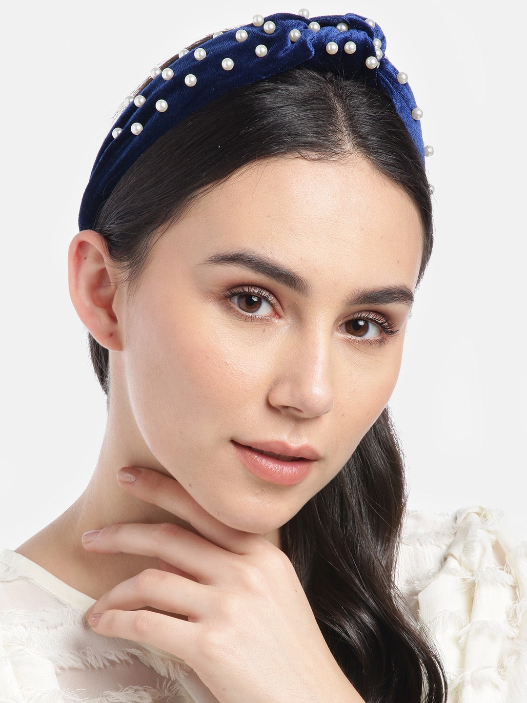Blueberry princess pearl embellished navy blue velvet knot hair band