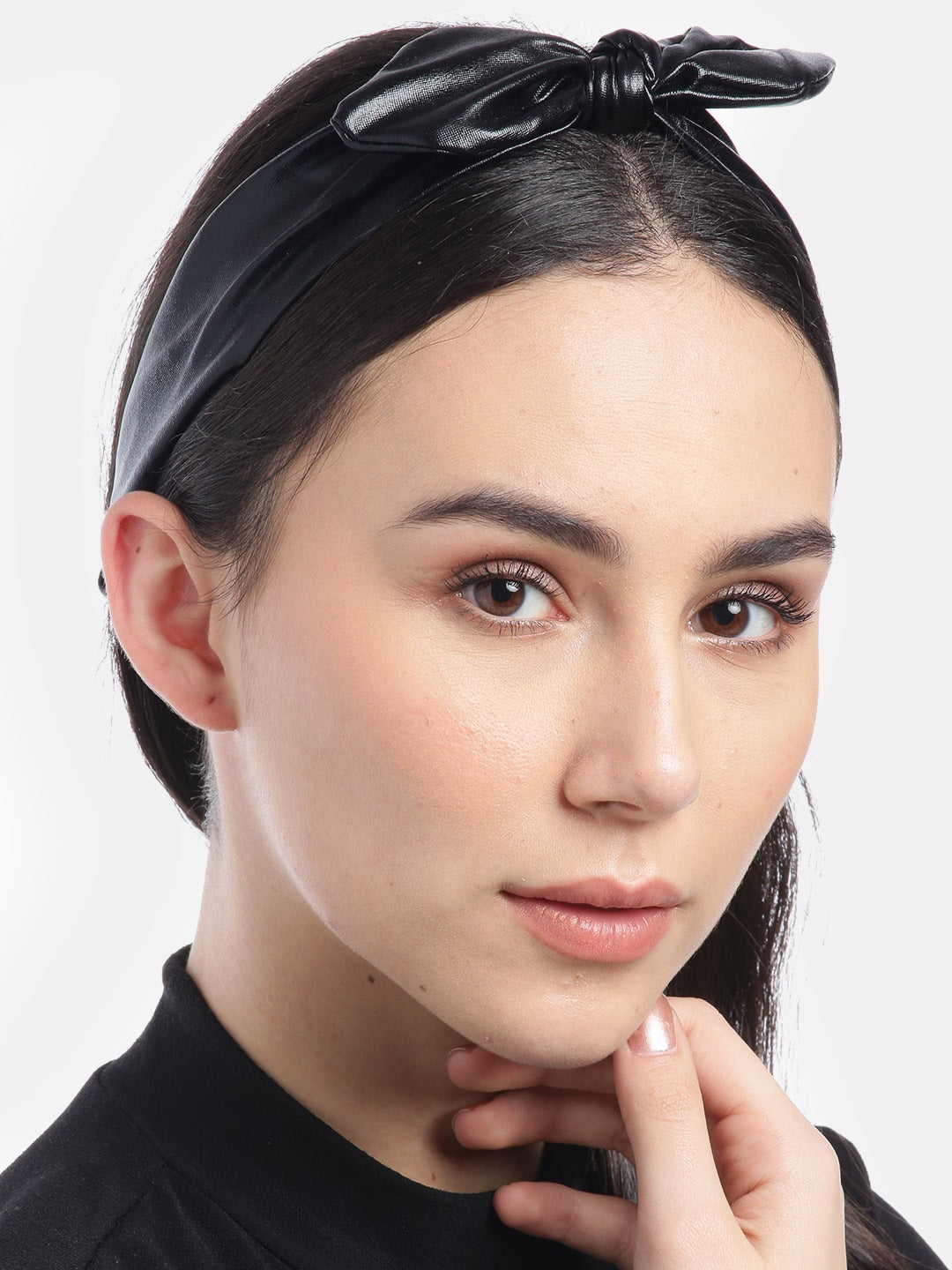 Blueberry solid black leather bunny knot hair band