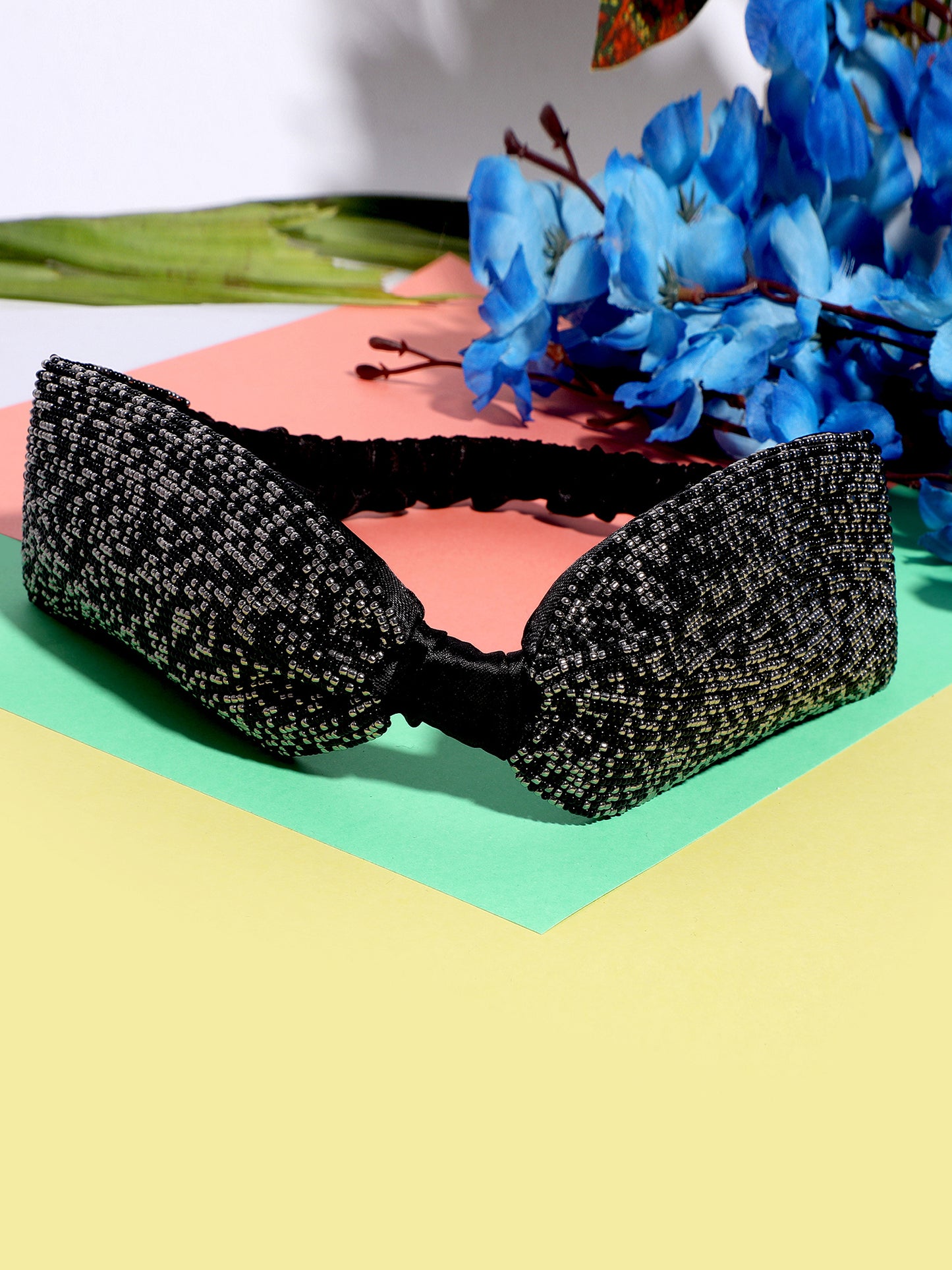 Blueberry black beads embellished satin knot hairband