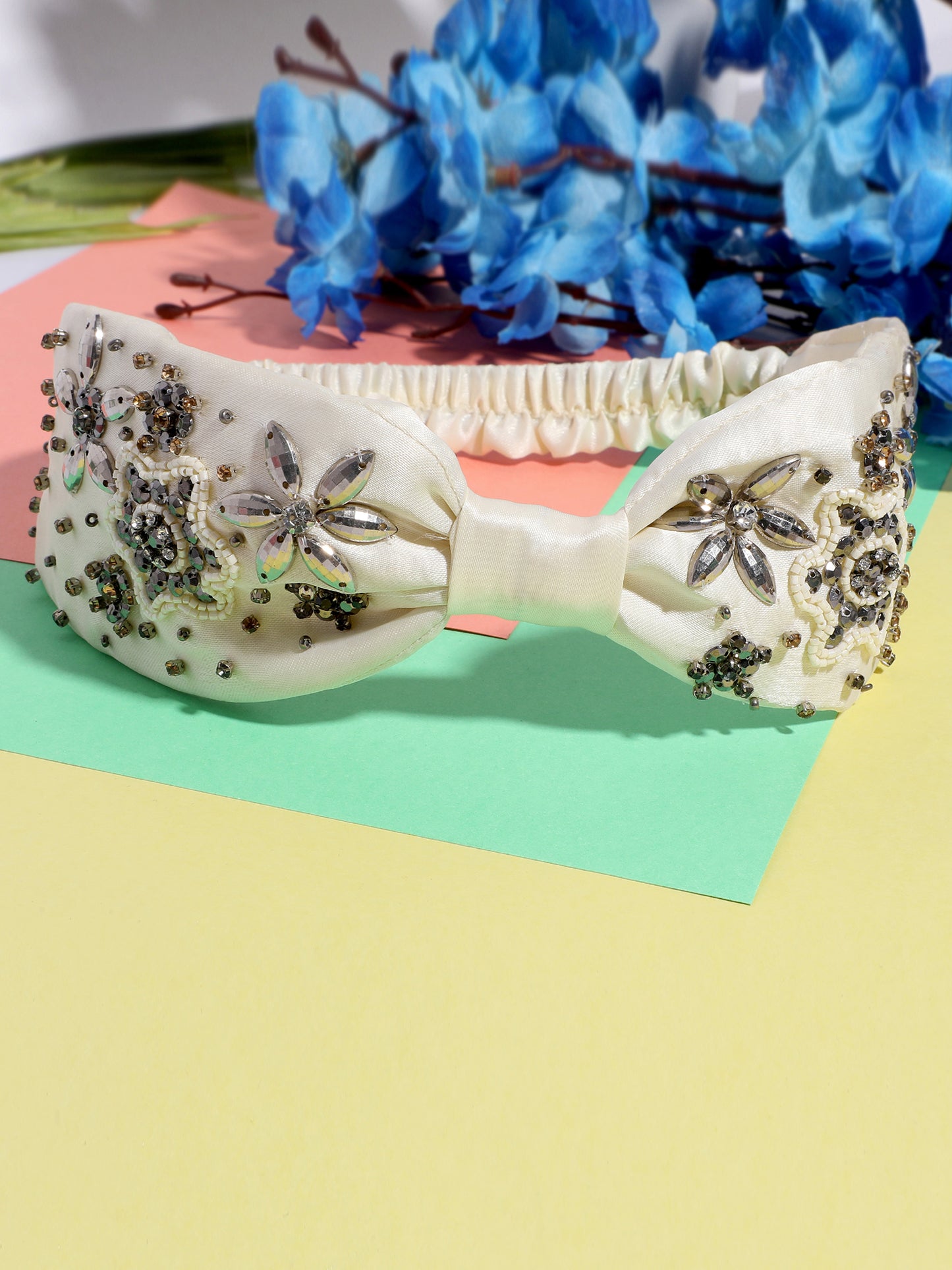 Blueberry stone and beads embellished satin knot off white hairband