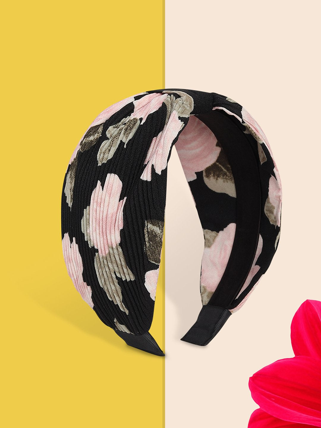 Blueberry black and pink floral printed knot pleated hairband