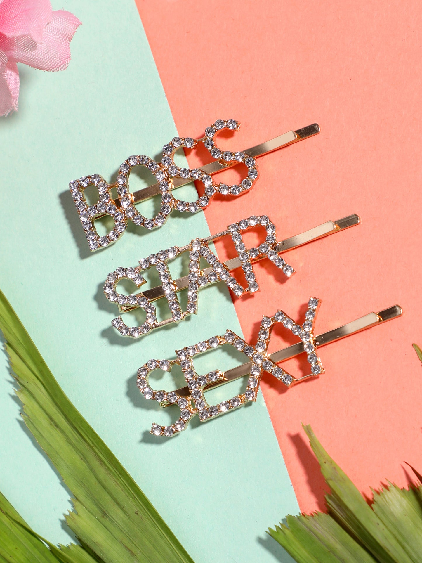 Blueberry set of 3 gold plated crystal embellished bobby pins
