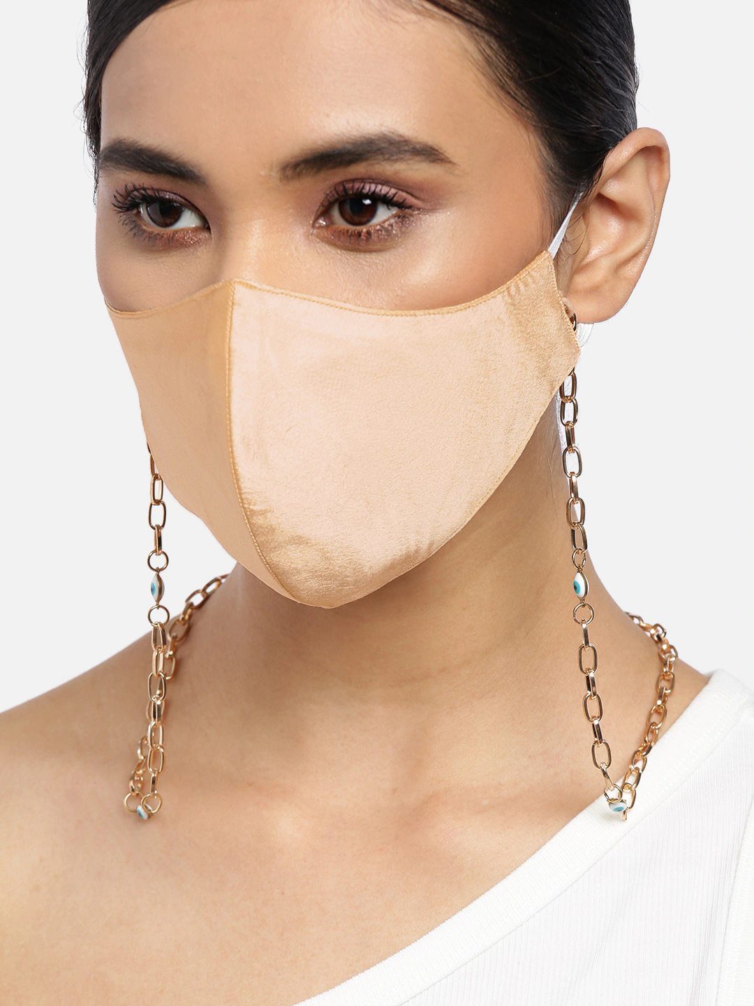 Blueberry golden Reusable 2-Ply satin face mask with gold plated Evil Eye chain