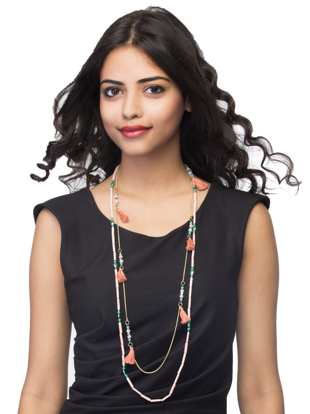 Multi Stranded Peach Tassel Necklace