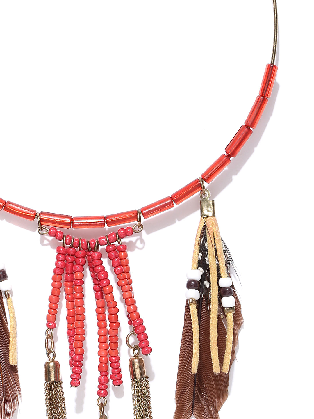 Gold toned feather drop choker necklace
