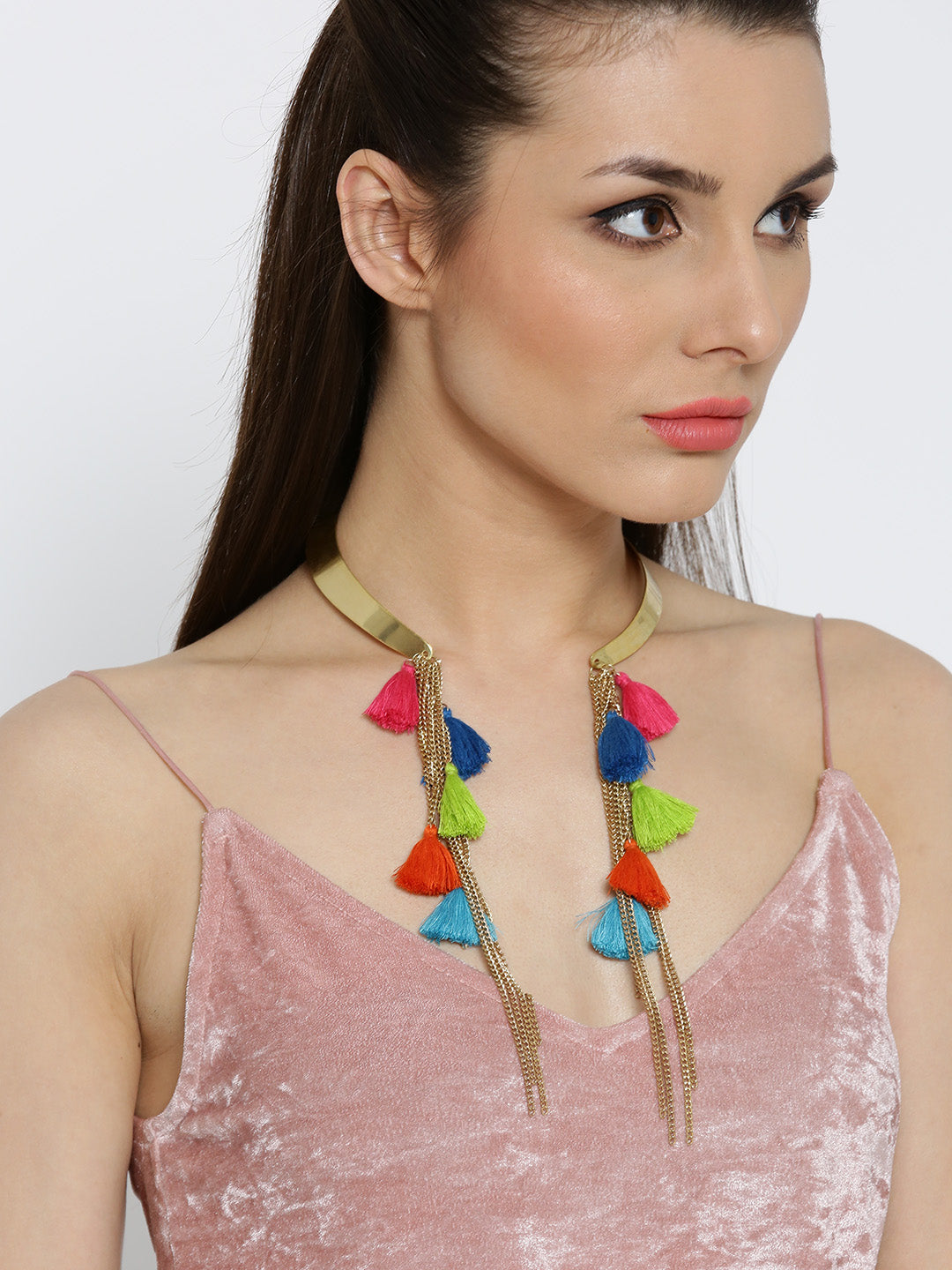 Gold toned hasli necklace with multicoloured tassel and chain danglers