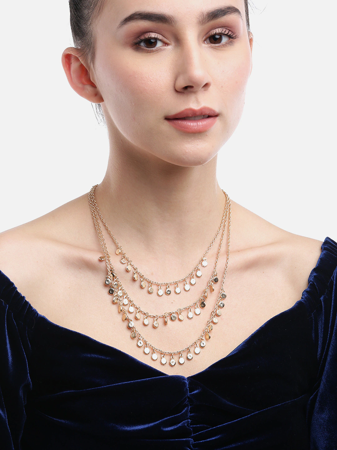 Blueberry white and gold shell chain layered choker necklace