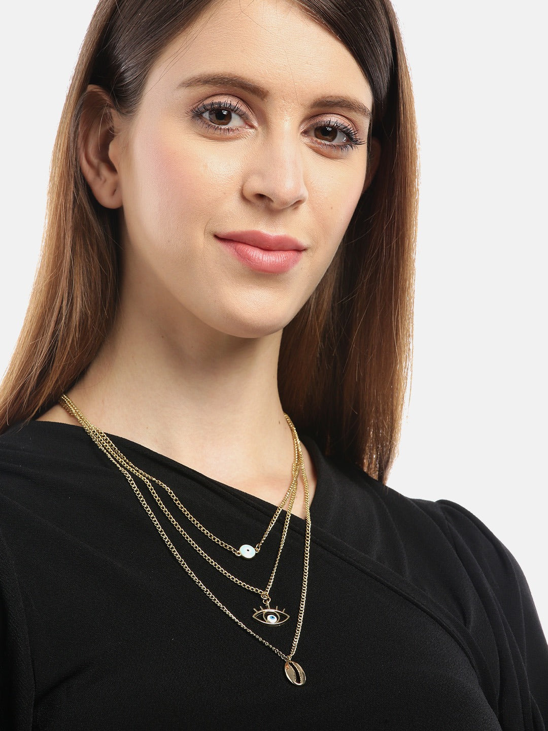 Blueberry Evil Eye pendant detailing layered chain necklace
