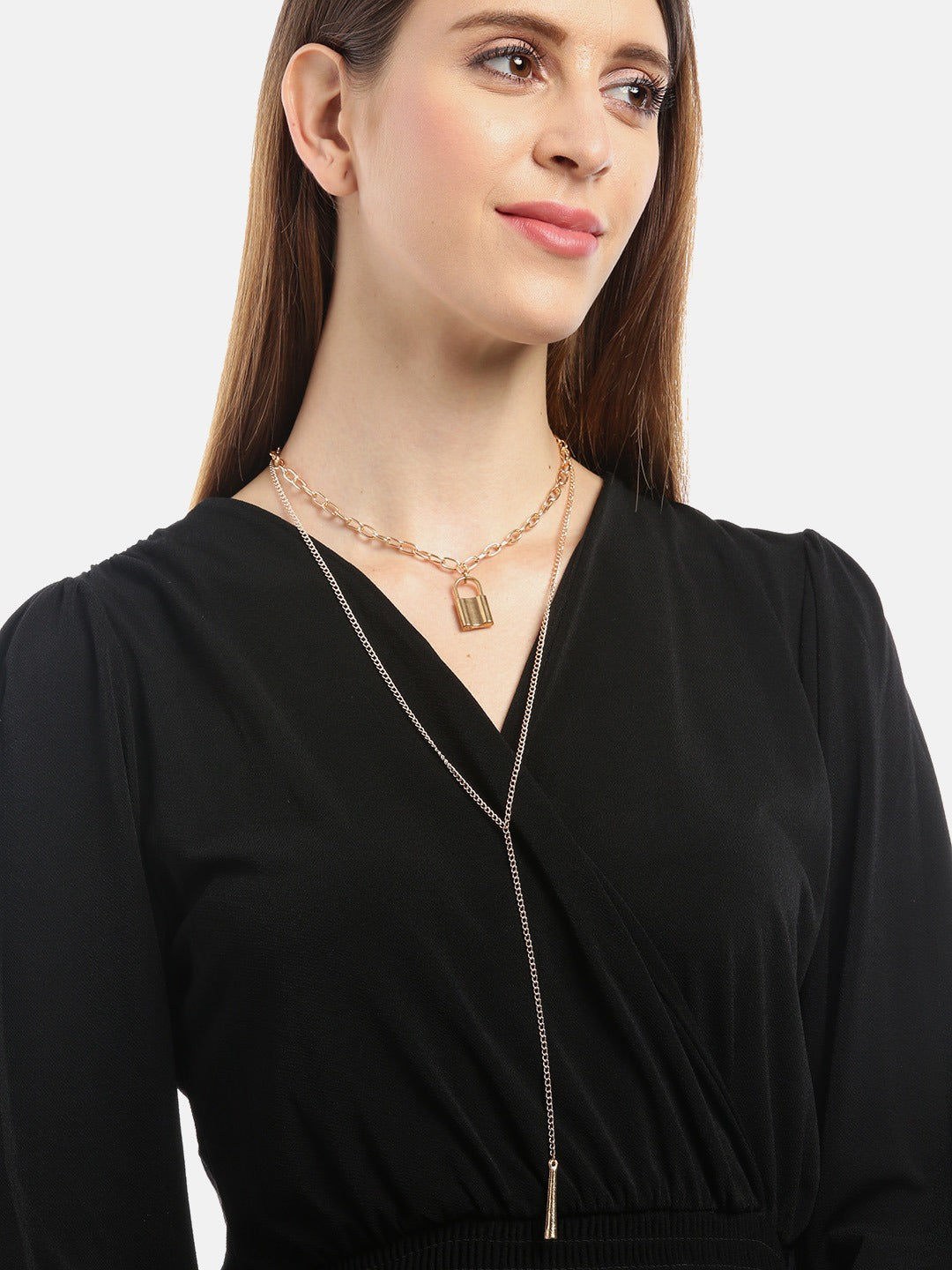 Blueberry lock detailing gold plated layered chain necklace