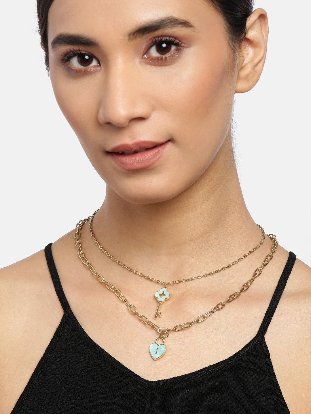 Blueberry Heart Lock and Key layered pendant detailing necklace