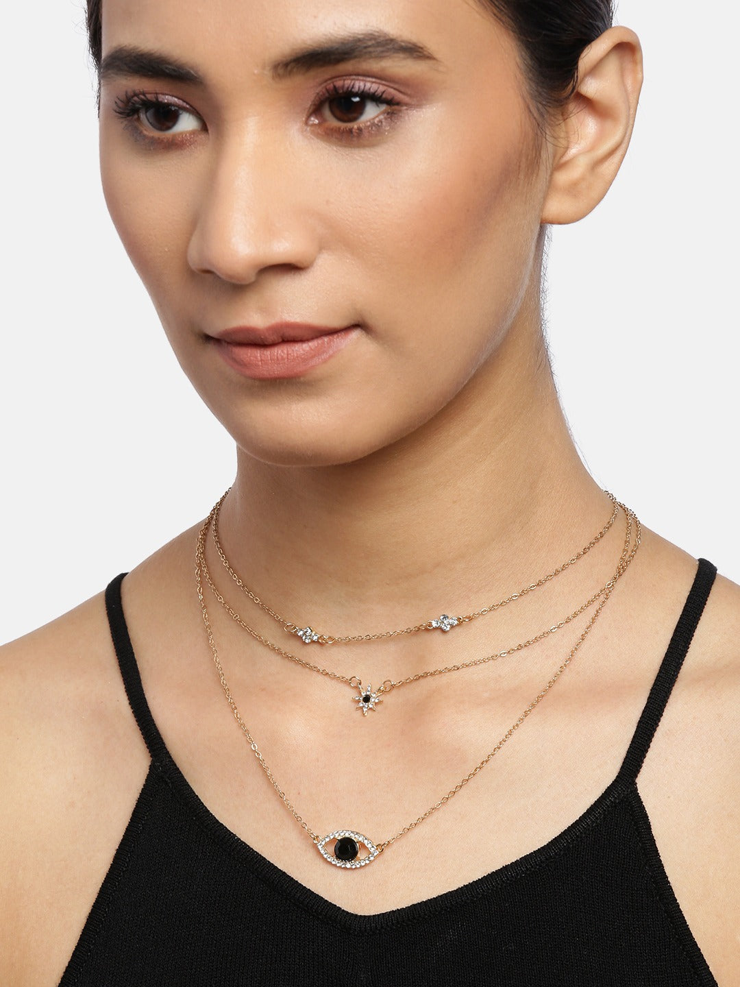 Blueberry gold plated Evil eye chain layered pendant detailing necklace