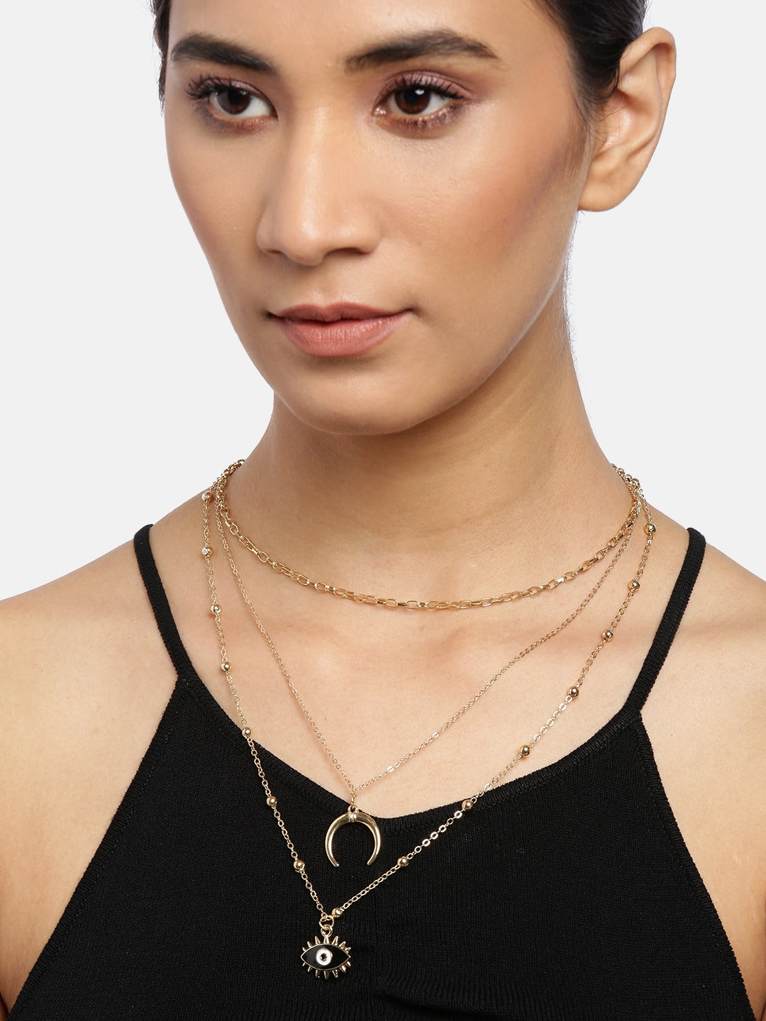 Blueberry gold plated Evil eye chain layered pendant detailing necklace