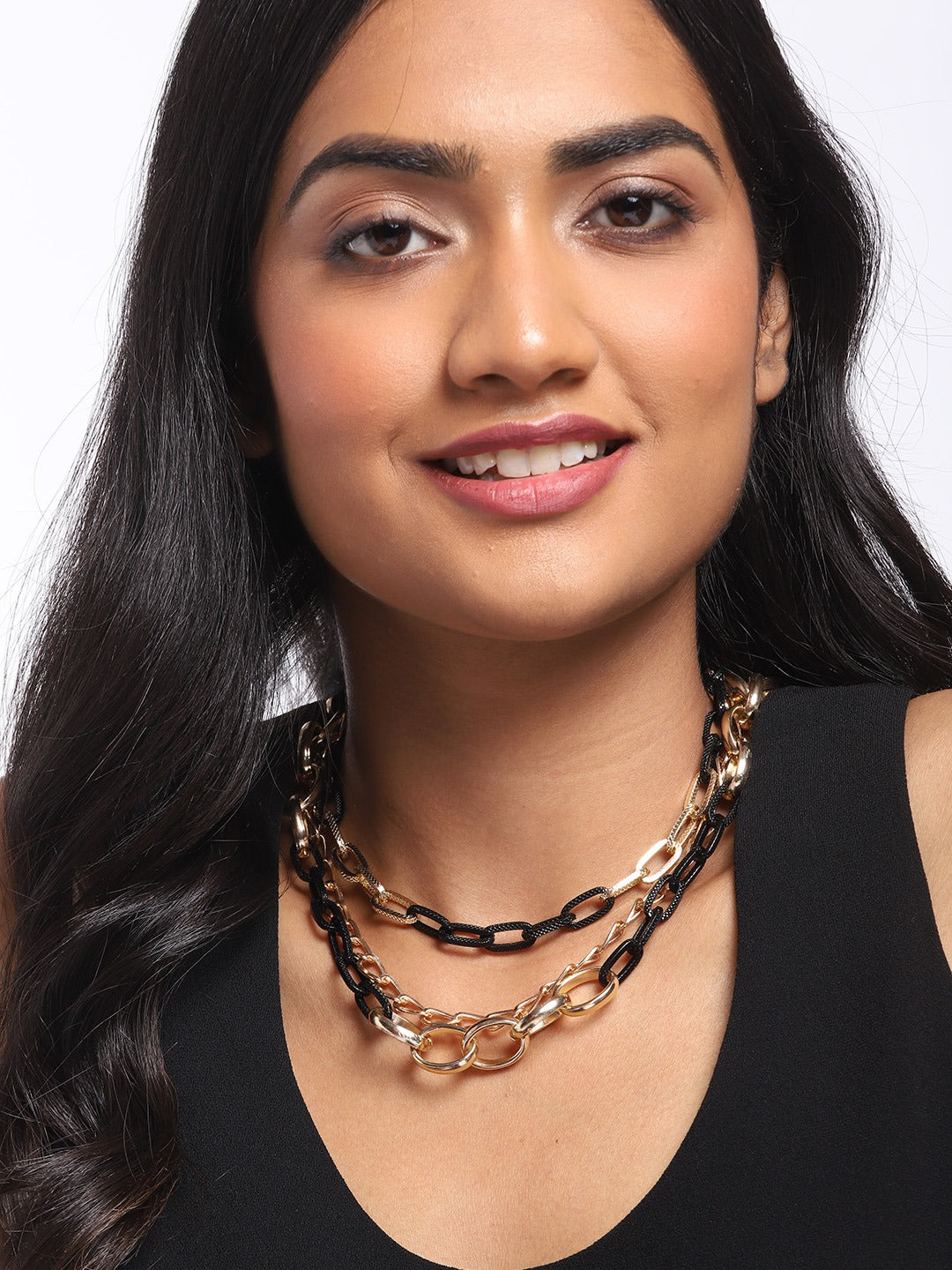 Blueberry black and golden inter lock chain layered necklace