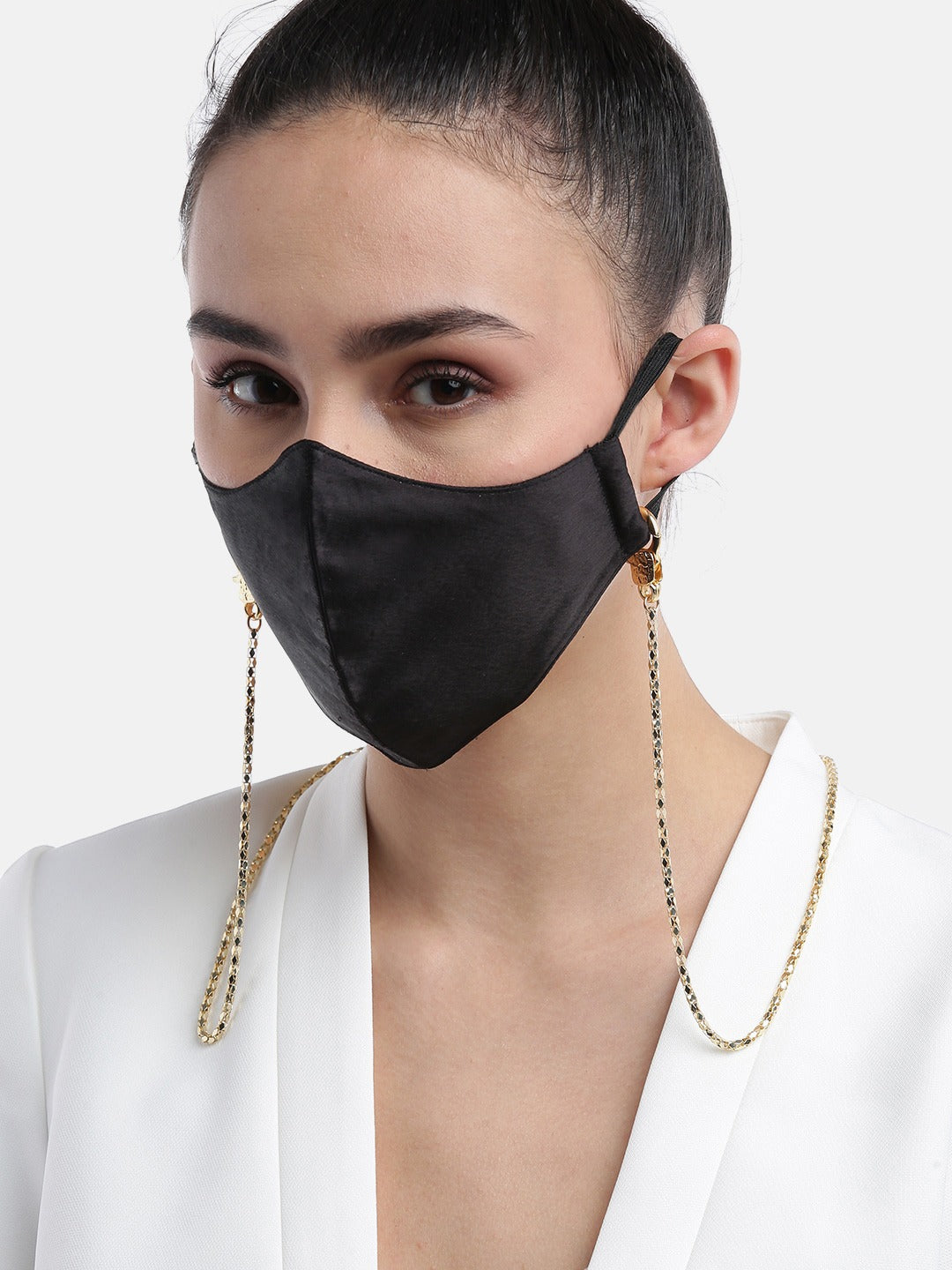 Blueberry solid black satin mask with Mask Holder Chain Strap