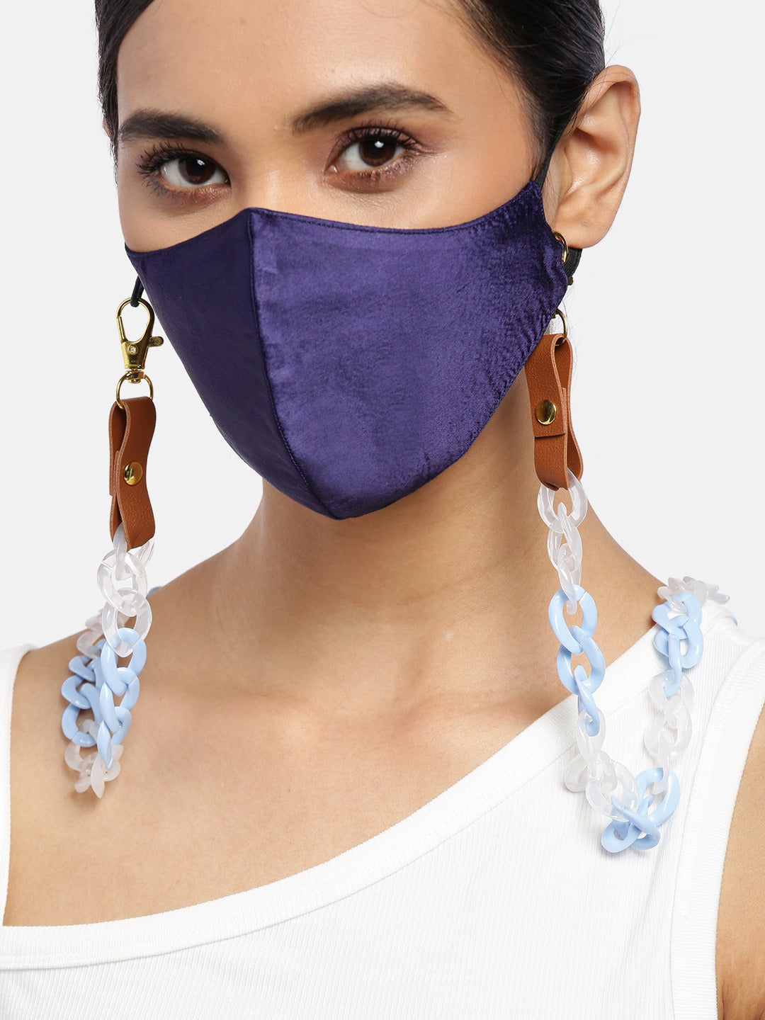 Blueberry navy blue Reusable 2-Ply satin face mask with blue chain