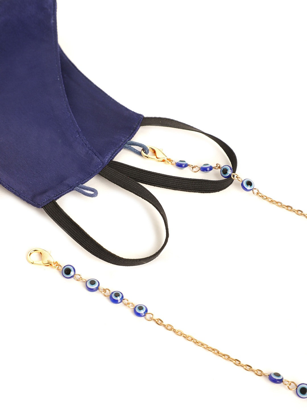 Blueberry navy blue Reusable 2-Ply satin face mask with Evil Eye gold plated chain