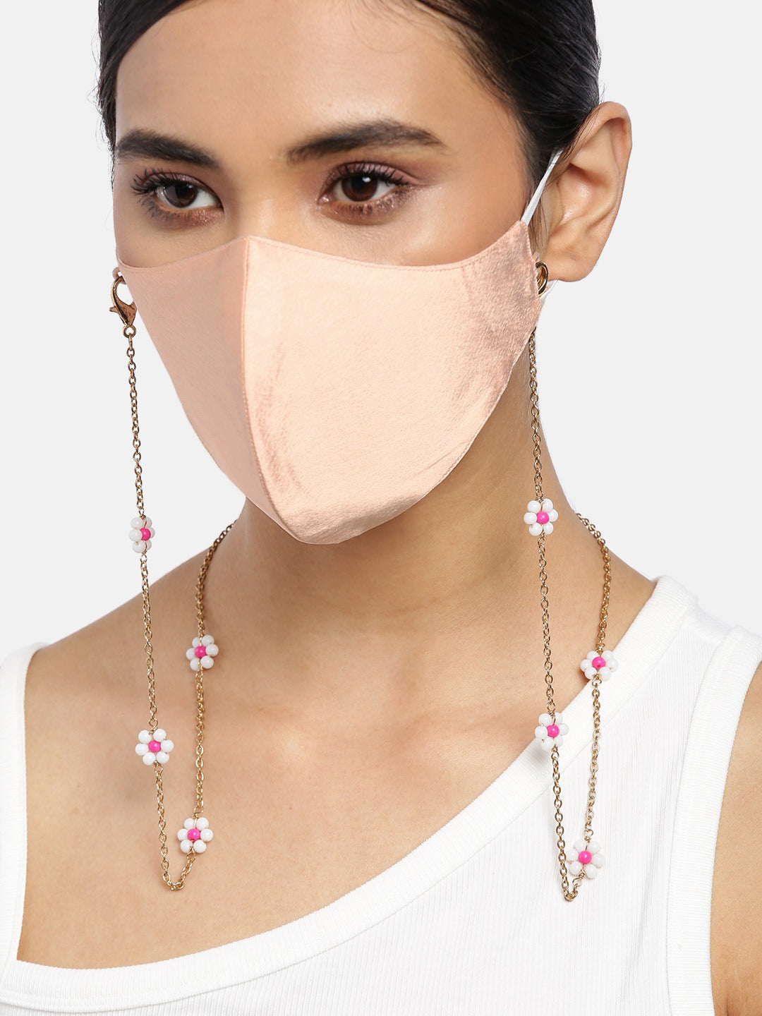 Blueberry baby pink Reusable 2-Ply satin face mask with gold plated chain
