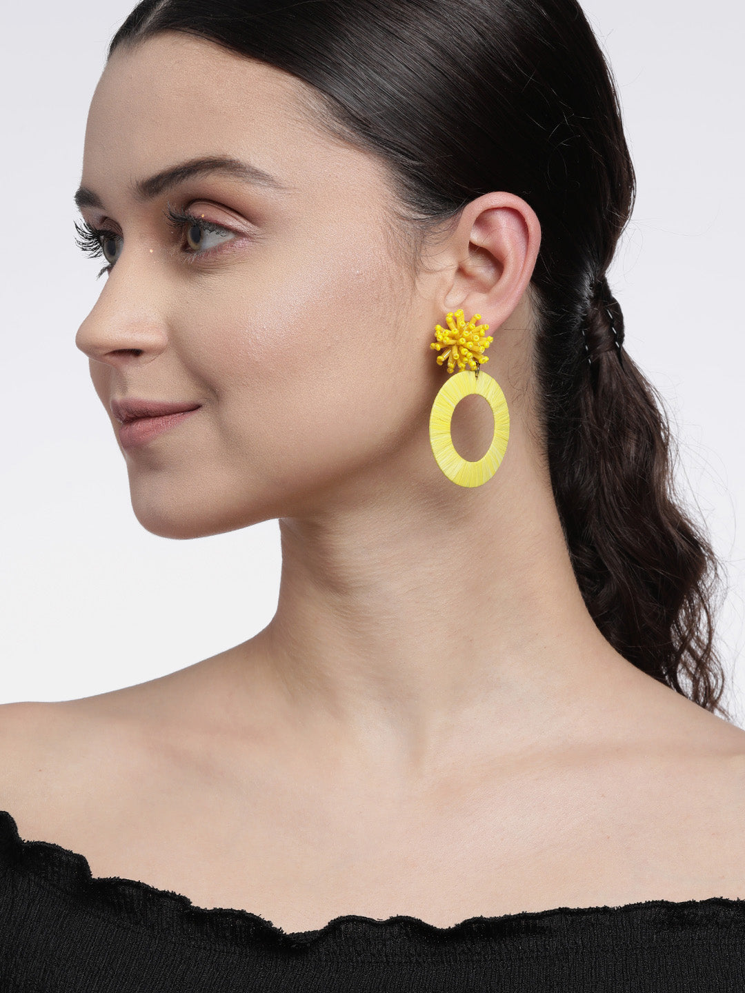 Blueberry Yellow beaded and rafia drop earring