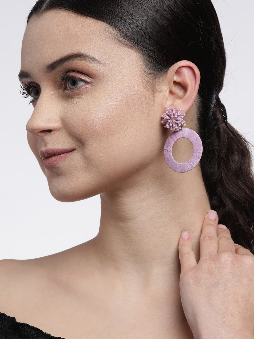 Blueberry Lavender beaded and rafia drop earring