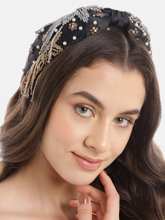 Blueberry Golden and Silver beads floral shape embellished Black hairband