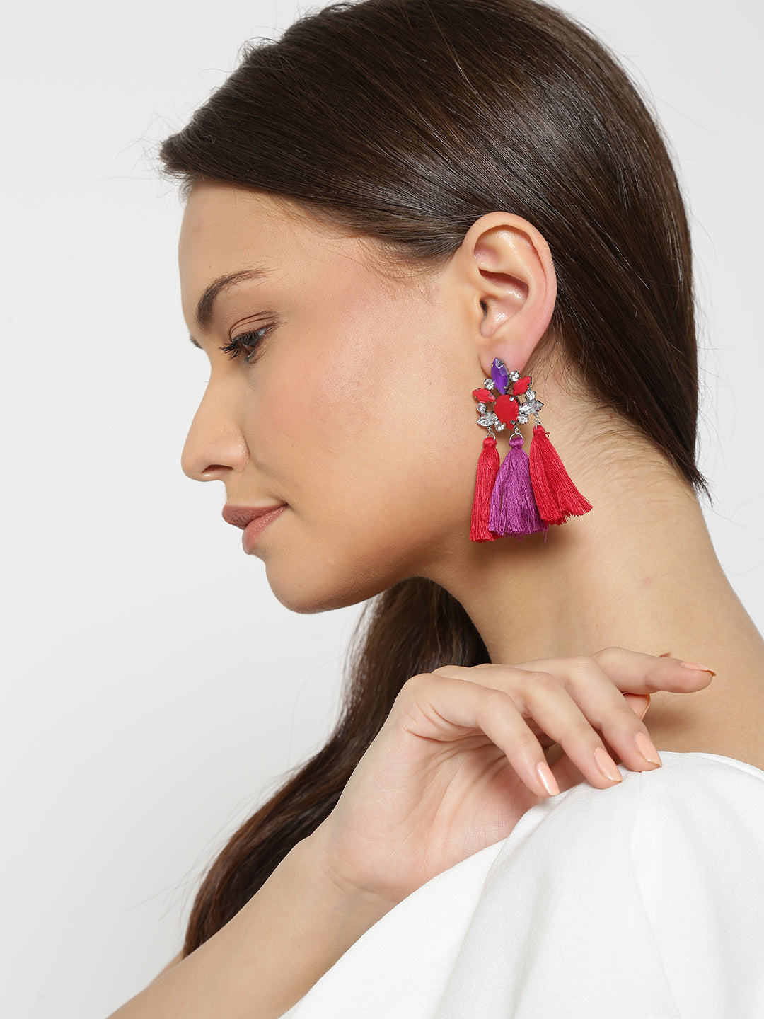 Blueberry stone studded tassel drop earrings