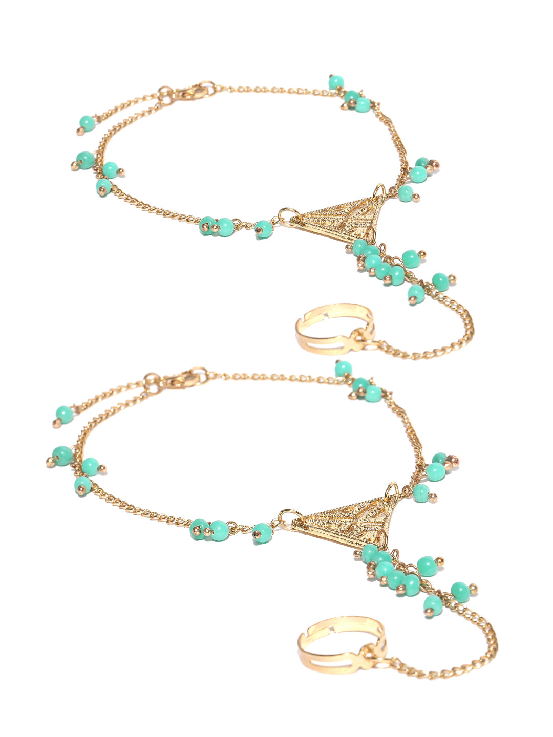 Set of 2 gold toned blue beaded toe ring anklets