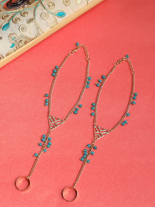 Set of 2 gold toned blue beaded toe ring anklets