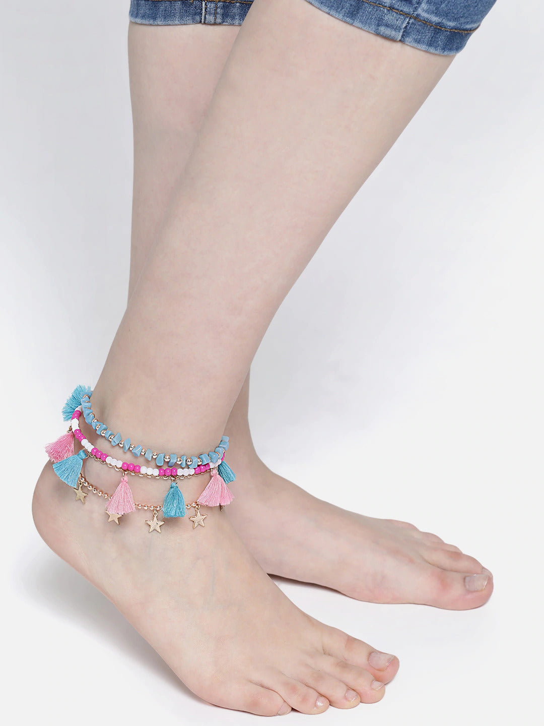 Blueberry set of 4 multi color and gold plated chain anklets
