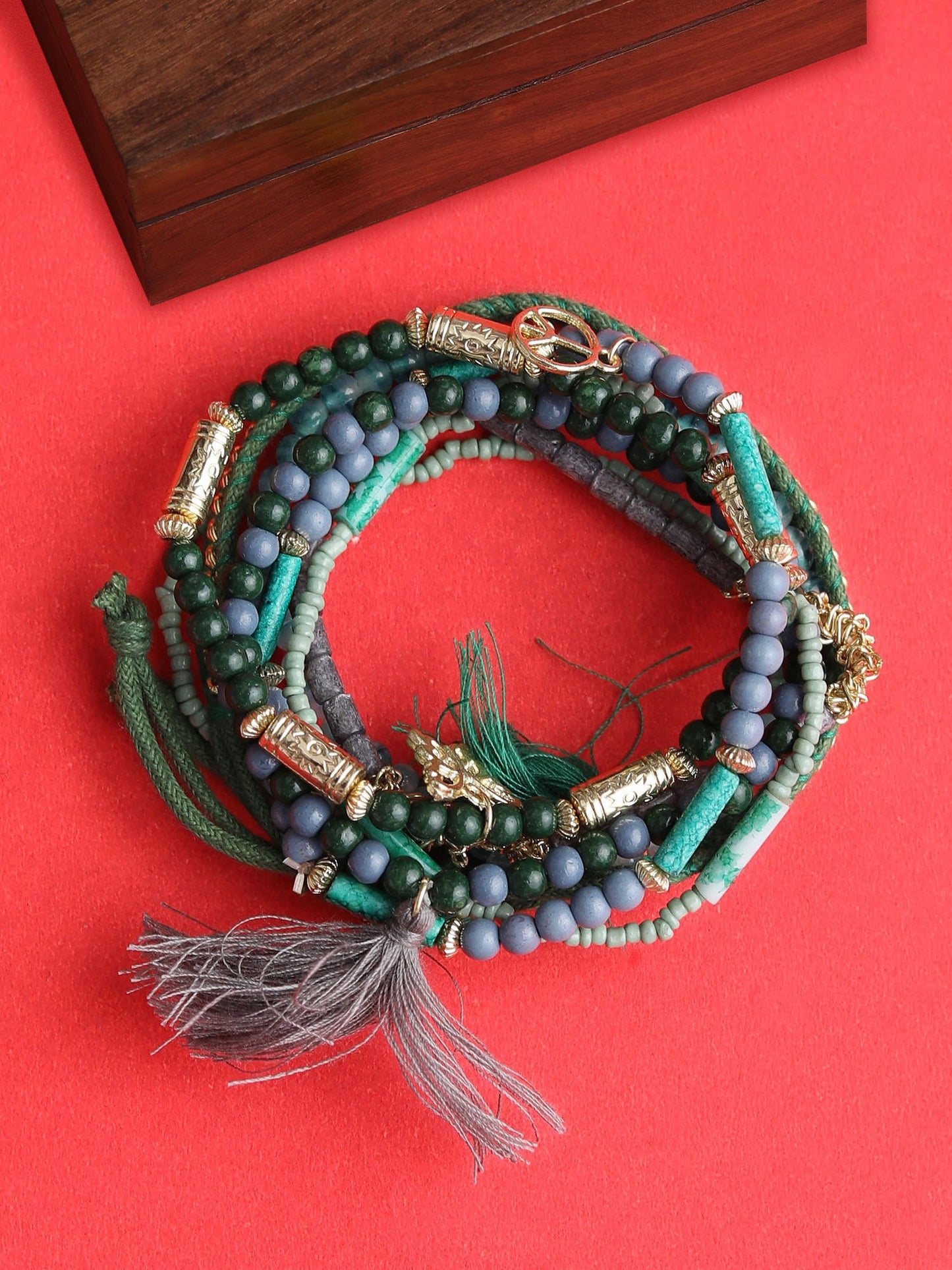 Blueberry set of 8 green and grey toned bracelets