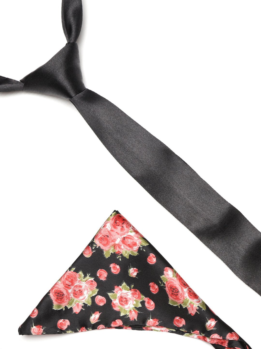 Lazy panda black tie with printed pocket square