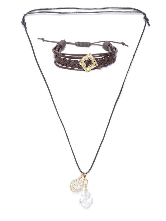 Lazy panda set of 2 pendant necklace and brown bracelet