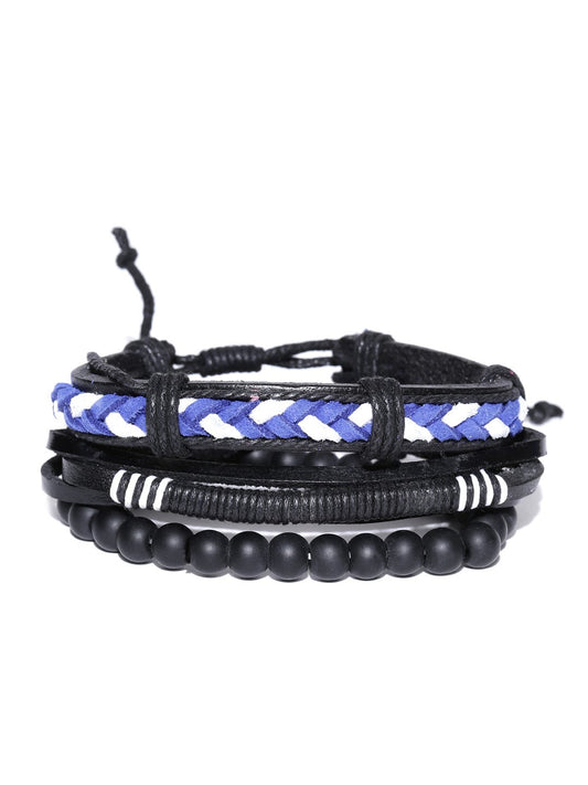 Lazy panda set of 3 black beaded and leather bracelets