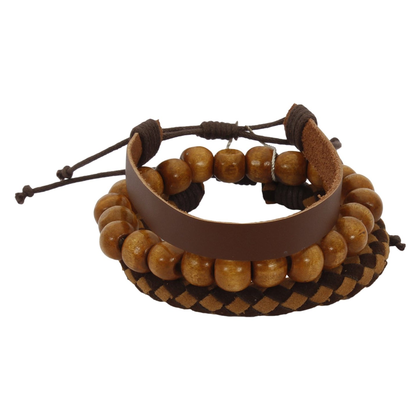 Lazy panda wood, leather bracelet set (pack of 3)