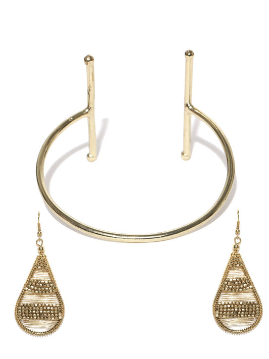 Gold toned drop earrings and cuff bracelet set