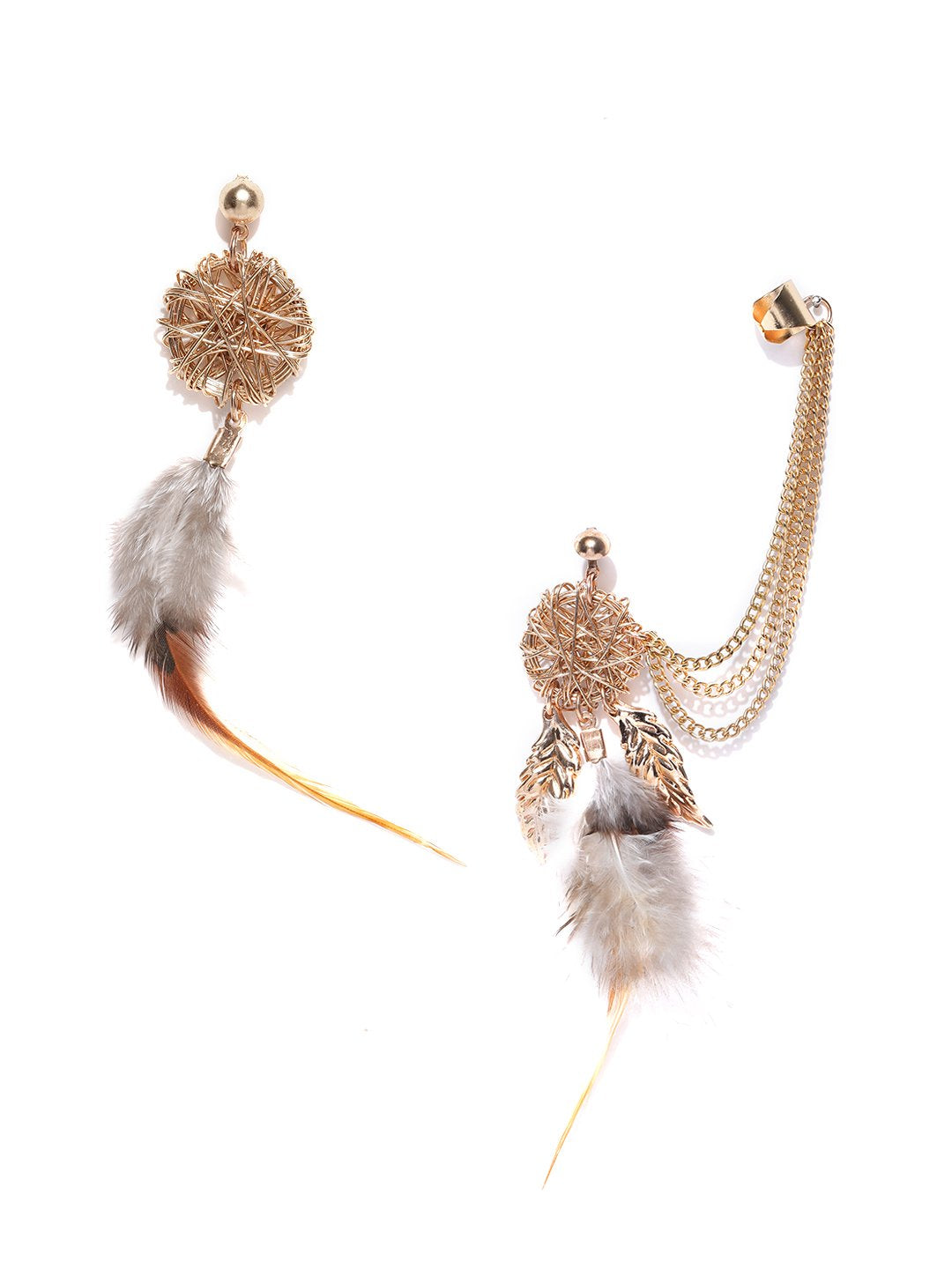 Gold toned feather drop mis match earrings