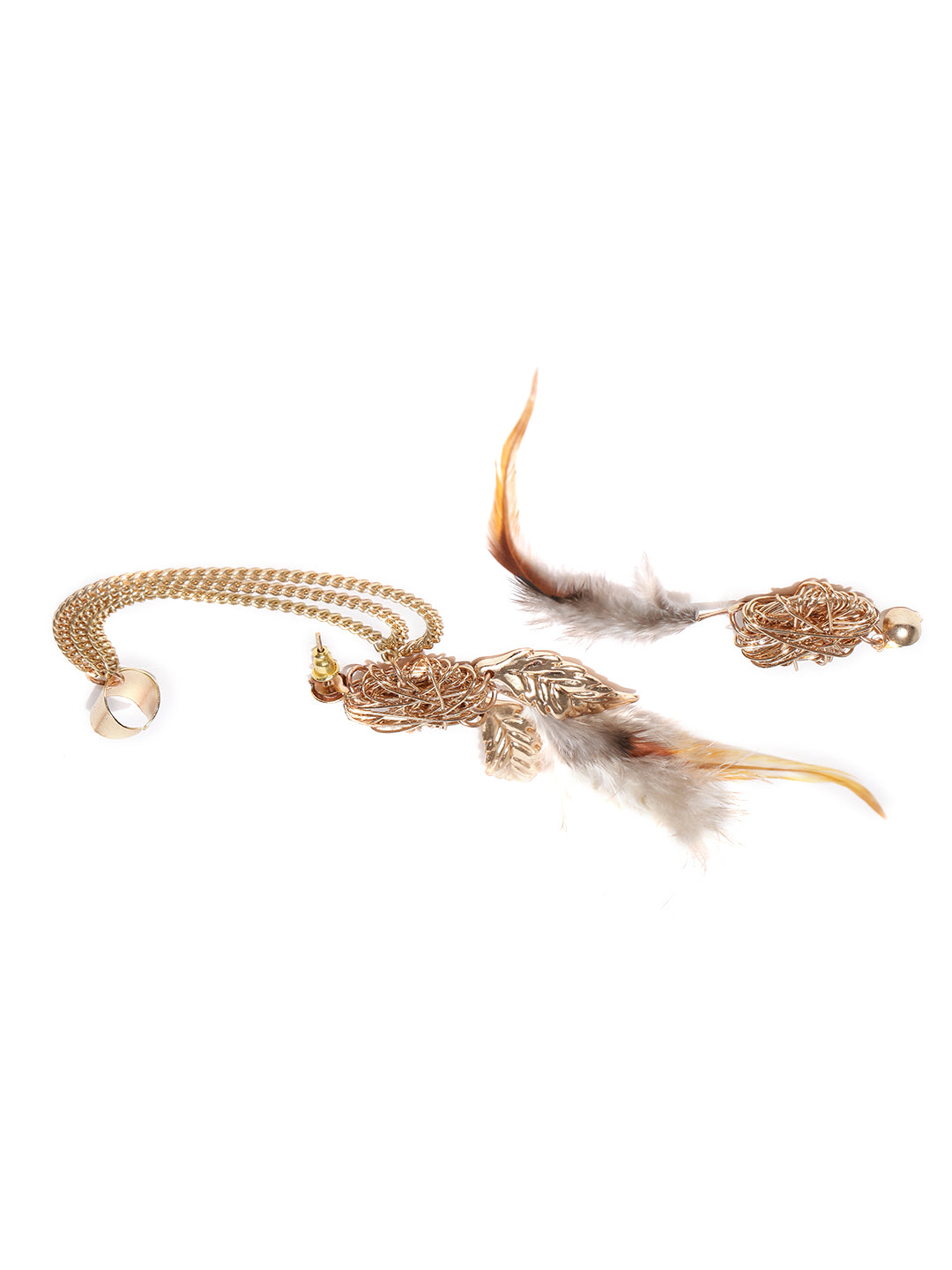 Gold toned feather drop mis match earrings