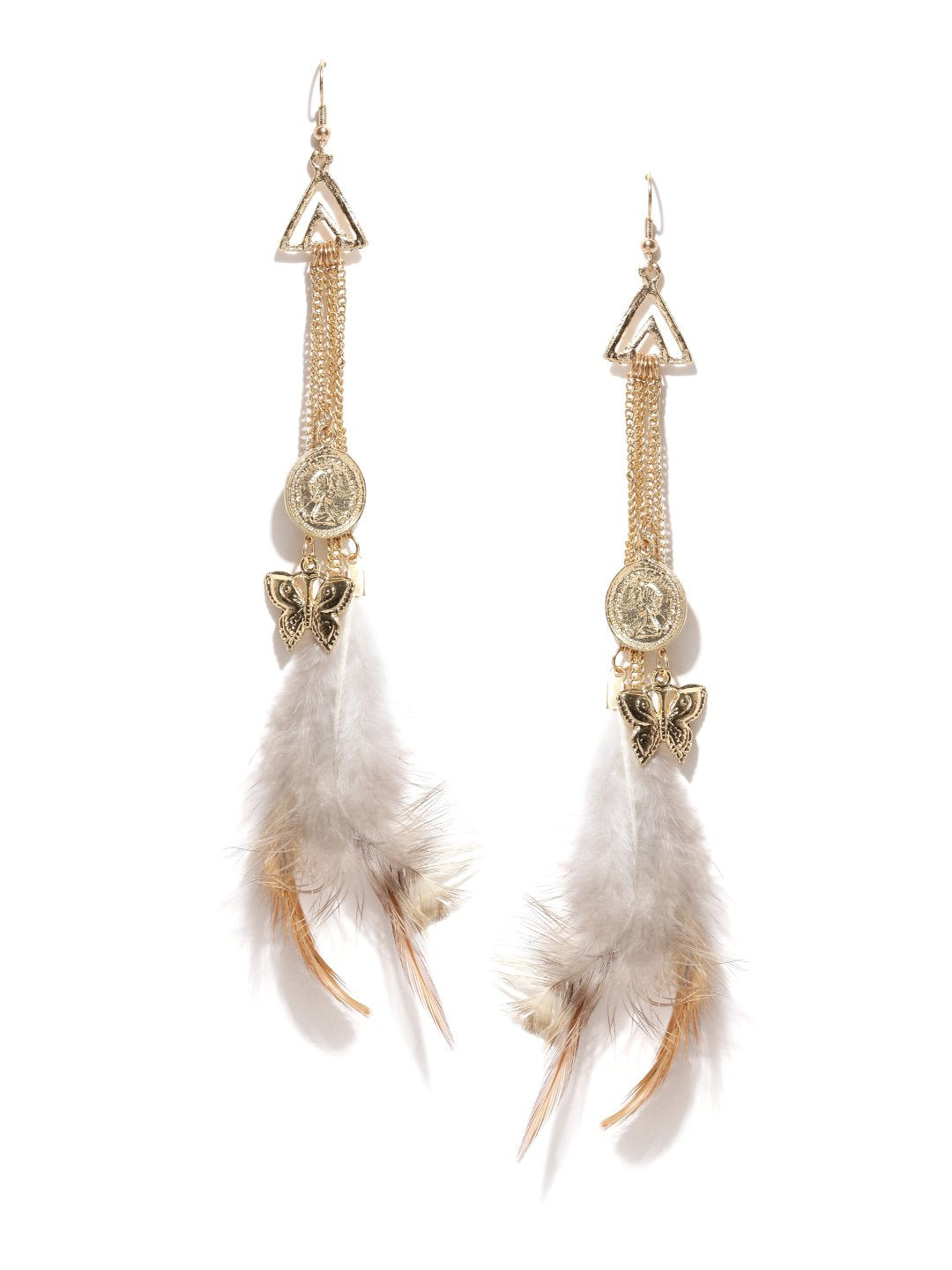 Gold toned feather & charms drop earrings