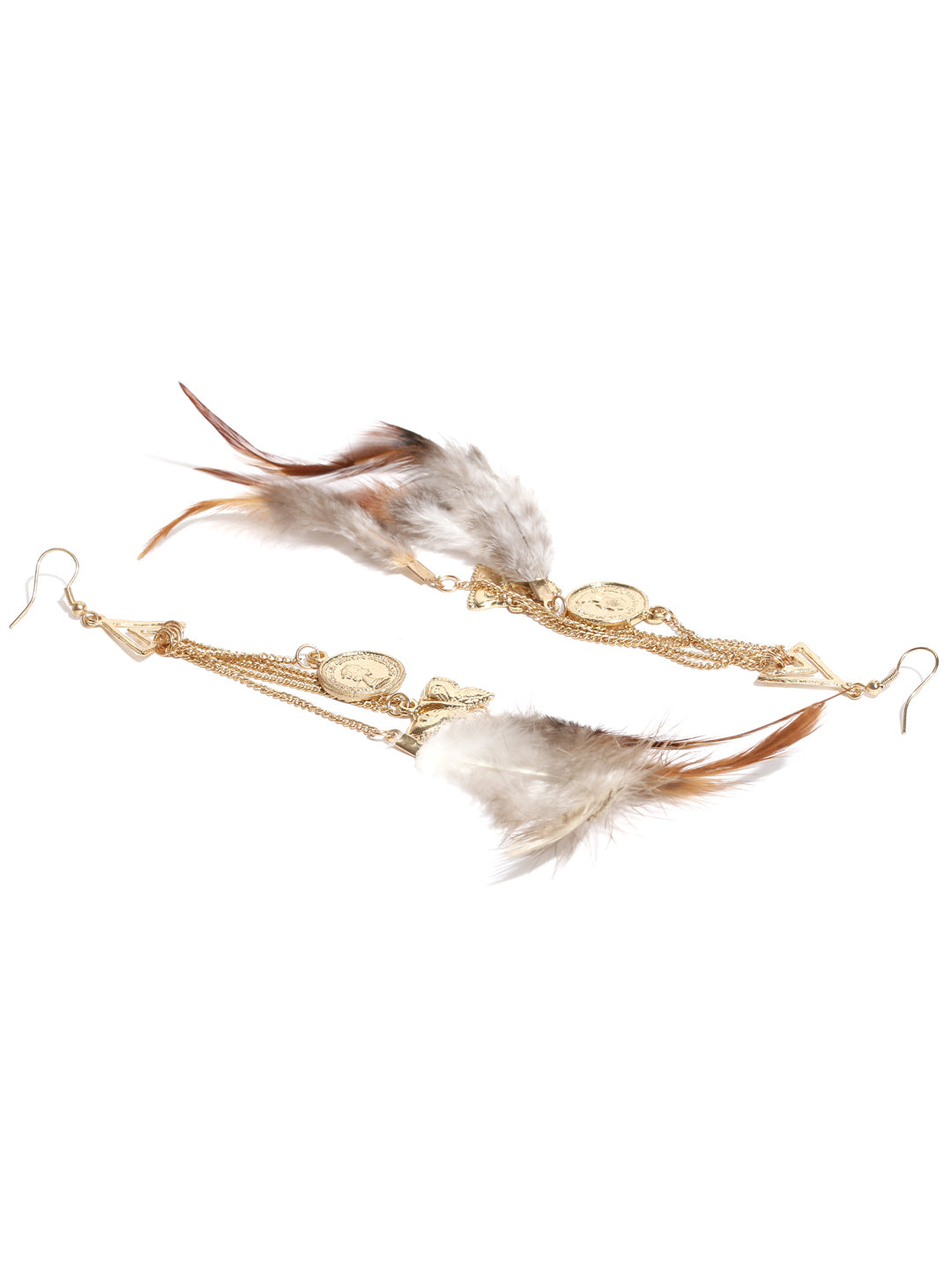 Gold toned feather & charms drop earrings
