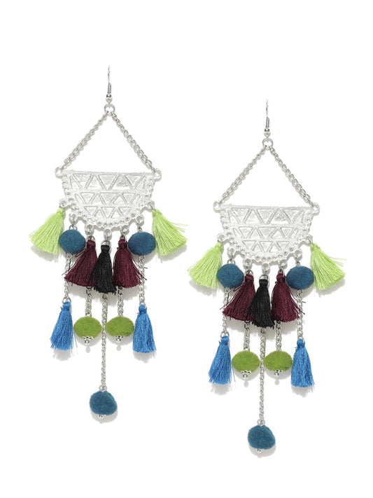 Blueberry oxidized silver and multicolored tassel drop earrings