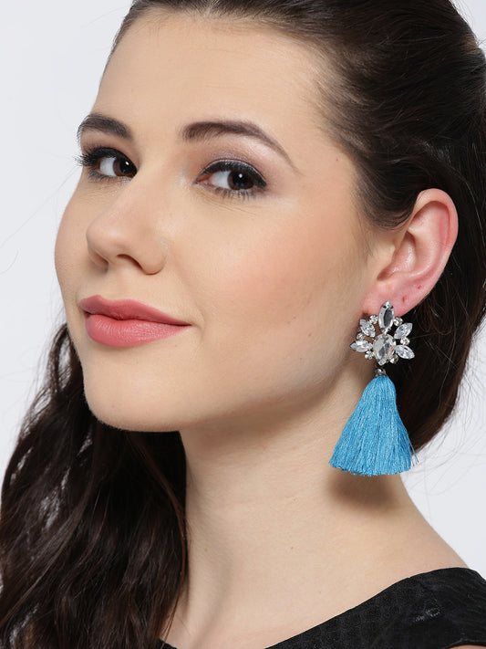 Metallic Toned Stone Studded Tassel Drop Earrings