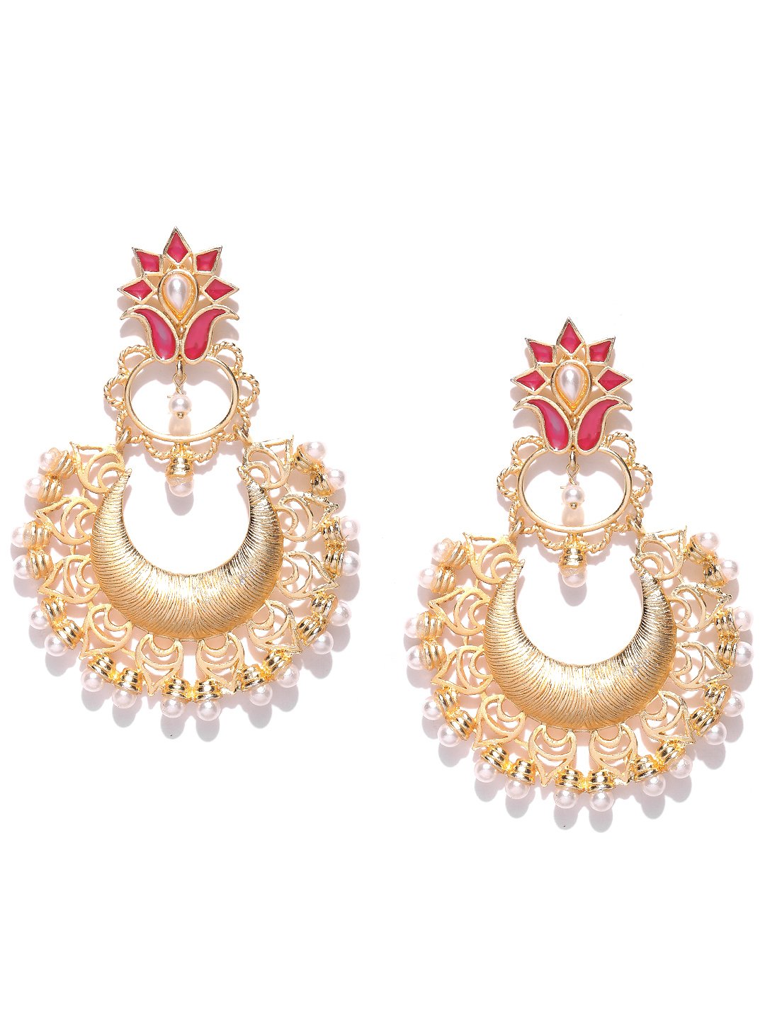 Gold plated pearl embellished meenakari chandbali earrings